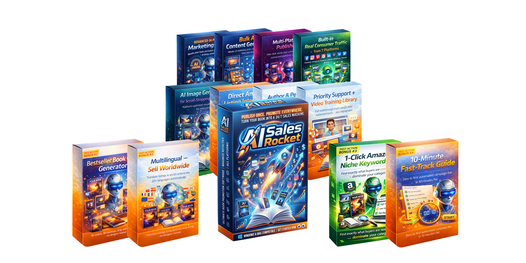 AI Sales Rocket software bundle with AI marketing, content creation, and traffic automation tools.