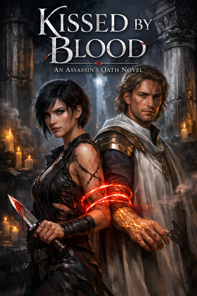 Romantasy fantasy novel cover with assassin and warrior characters titled Kissed by Blood