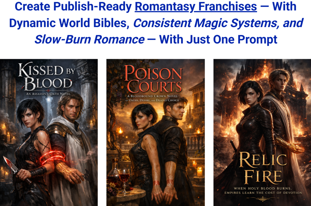 Romantasy fantasy romance book cover examples created using story prompts