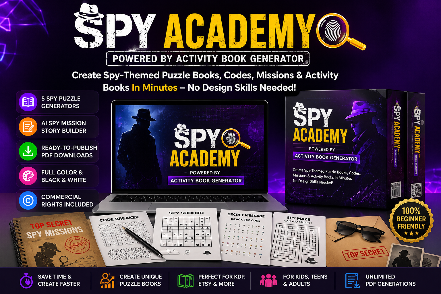 Spy Academy Powered by Activity Book Generator review banner showing AI spy puzzle book creator with mission stories, code challenges, and detective activity book features.