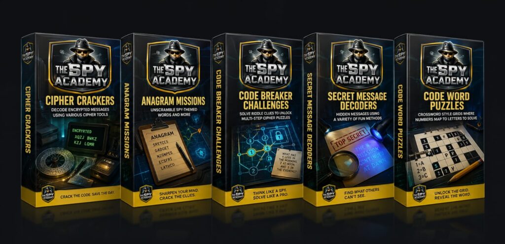 Spy Academy software modules showing spy puzzle generators and detective activity book creation tools.