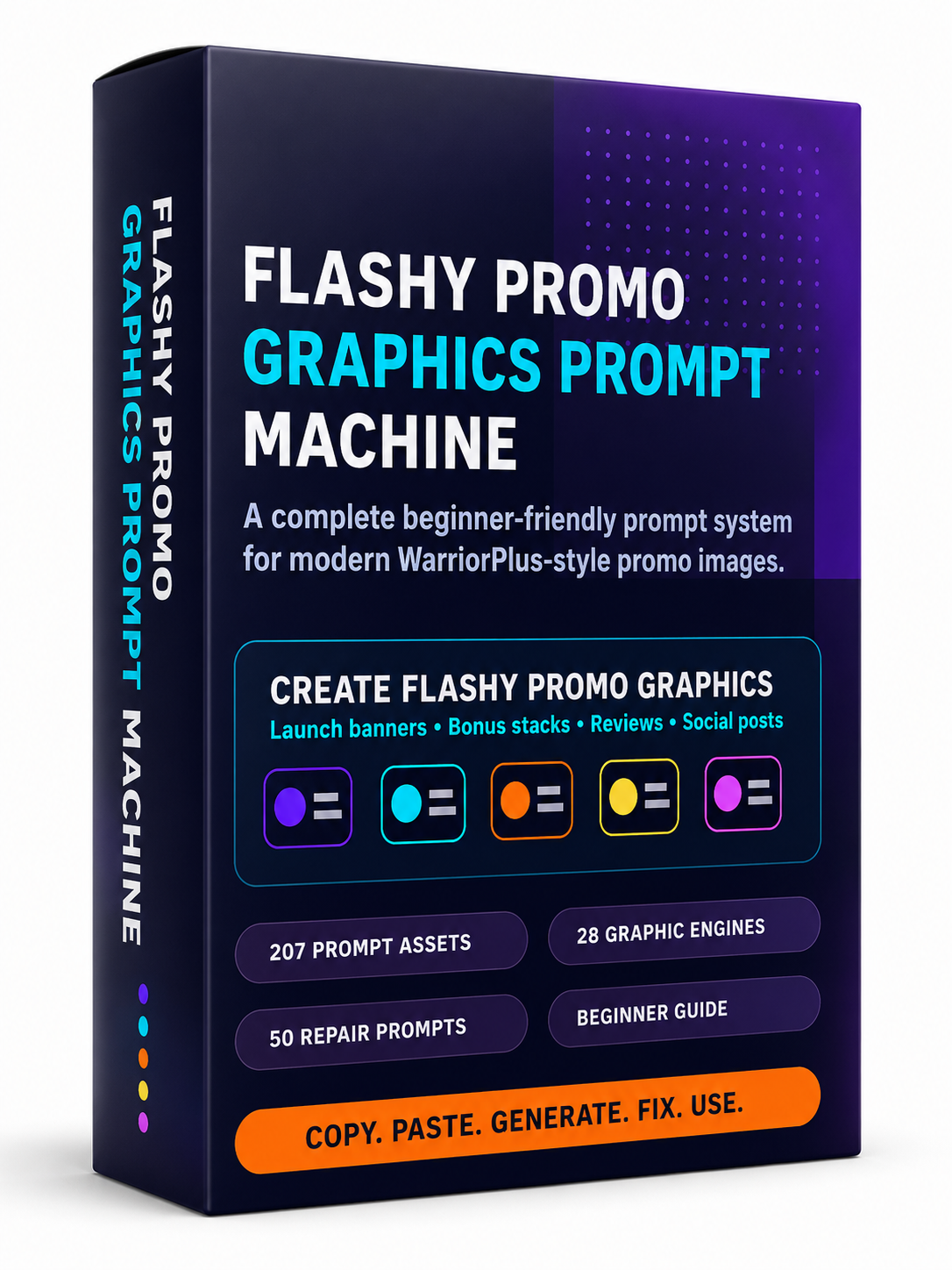 Flashy Promo Graphics Prompt Machine review product cover showing AI-powered promotional graphics prompt system for marketers and content creators.