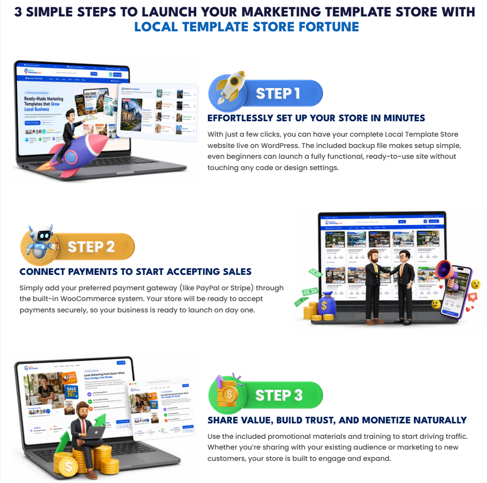 How Local Template Store Fortune works in three steps setup payments and promotion