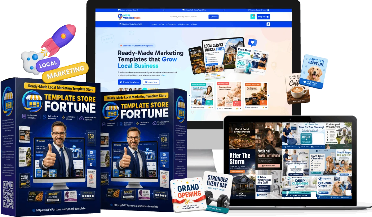 Local Template Store Fortune review showing a done-for-you WordPress template store with 2500+ Canva marketing templates for local businesses
