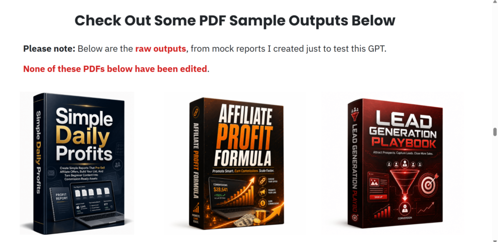 Examples of professional PDF makeovers created using My Instant PDF Makeover Generator for lead magnets reports and digital products
