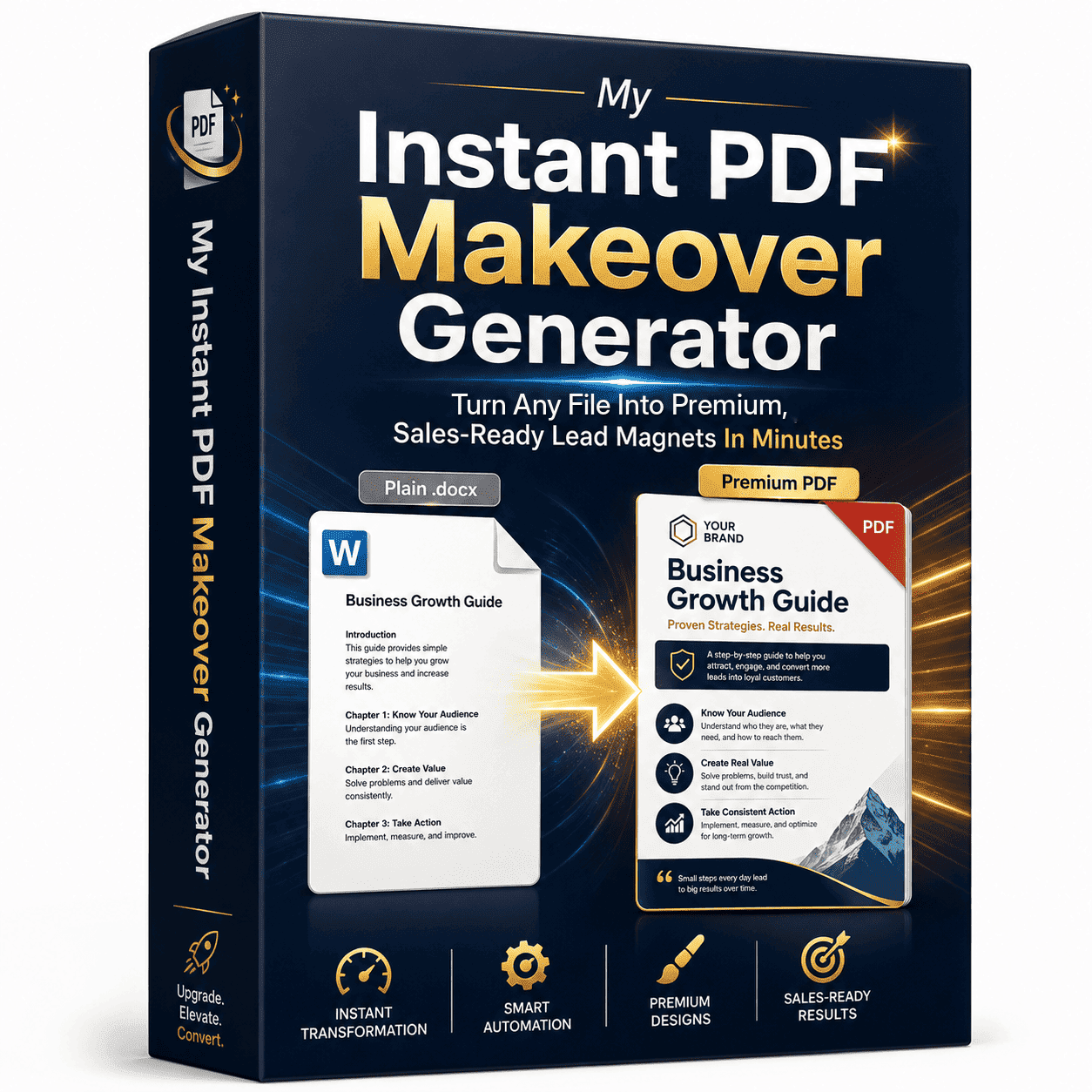 My Instant PDF Makeover Generator review product image demonstrating PDF makeover technology for lead magnets reports guides and digital products