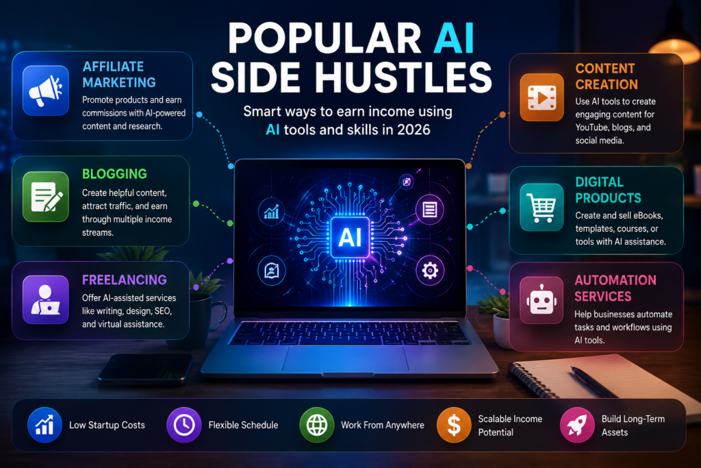 Popular AI side hustles including affiliate marketing, blogging, freelancing, content creation, and digital products