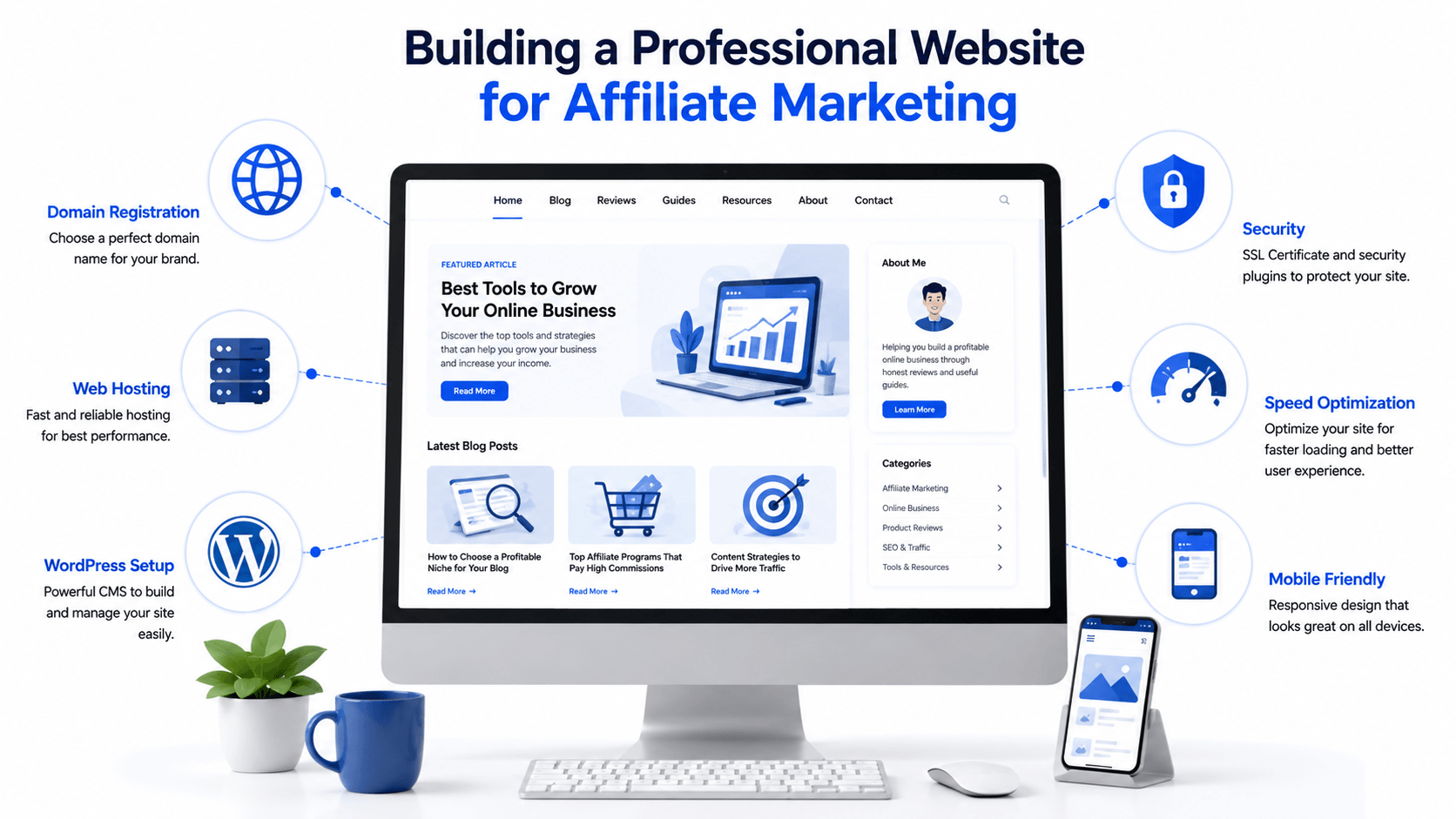 Illustration of building a professional affiliate marketing website with WordPress, hosting, SEO, and security.