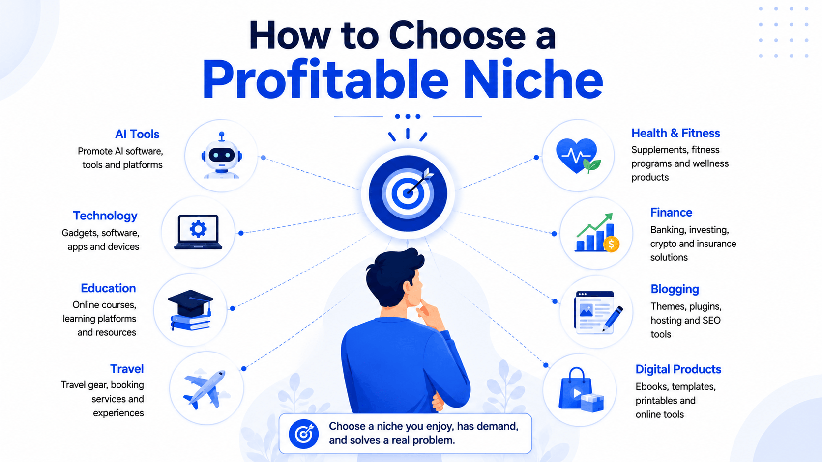 Infographic showing how to choose a profitable niche for affiliate marketing with popular niche examples.