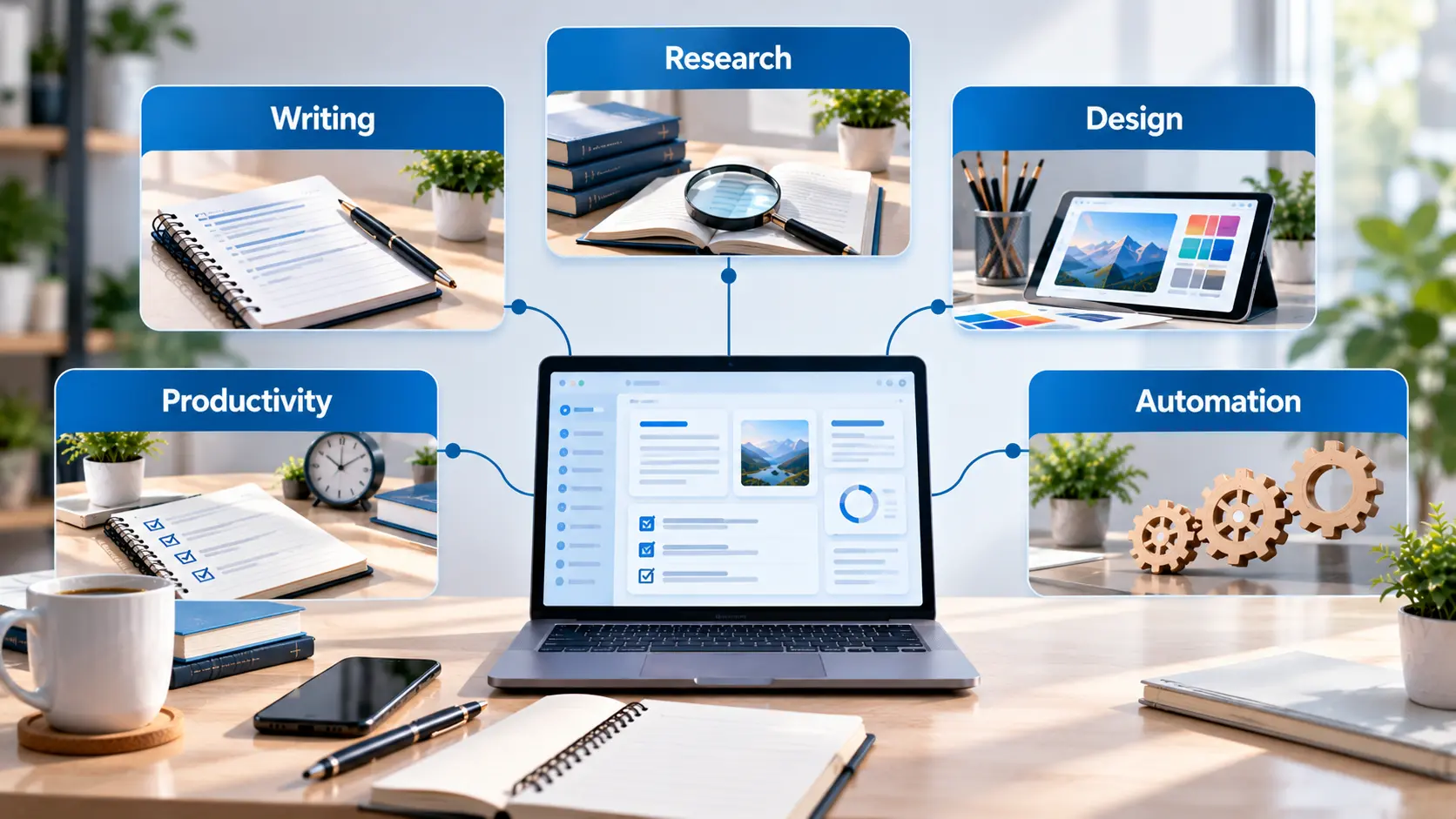 AI tool stack covering research writing design productivity and automation for freelancers